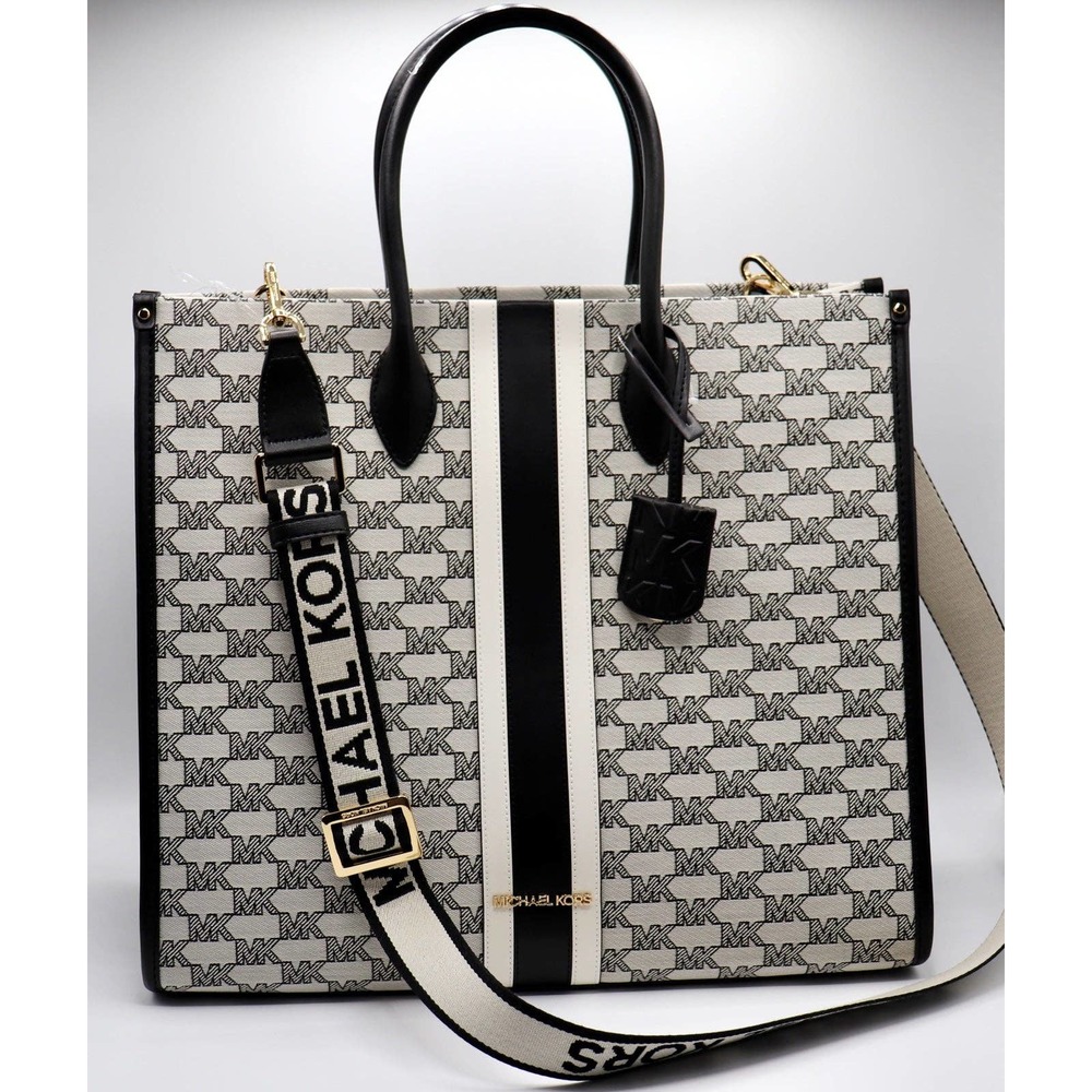 NWT MK MIRELLA LARGE STRIPED LOGO TOTE BAG - BLACK